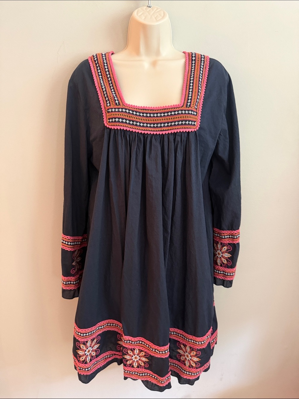 Navy Embroidered Mini Dress with Pink Trim